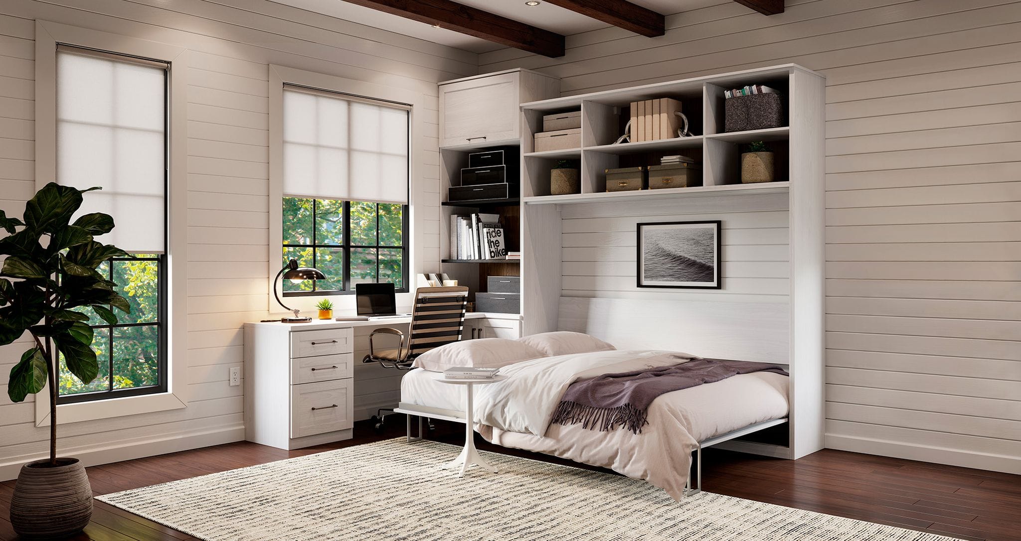 Custom desk built in to Murphy wall bed design with shelving and cabinet storage by California Closets