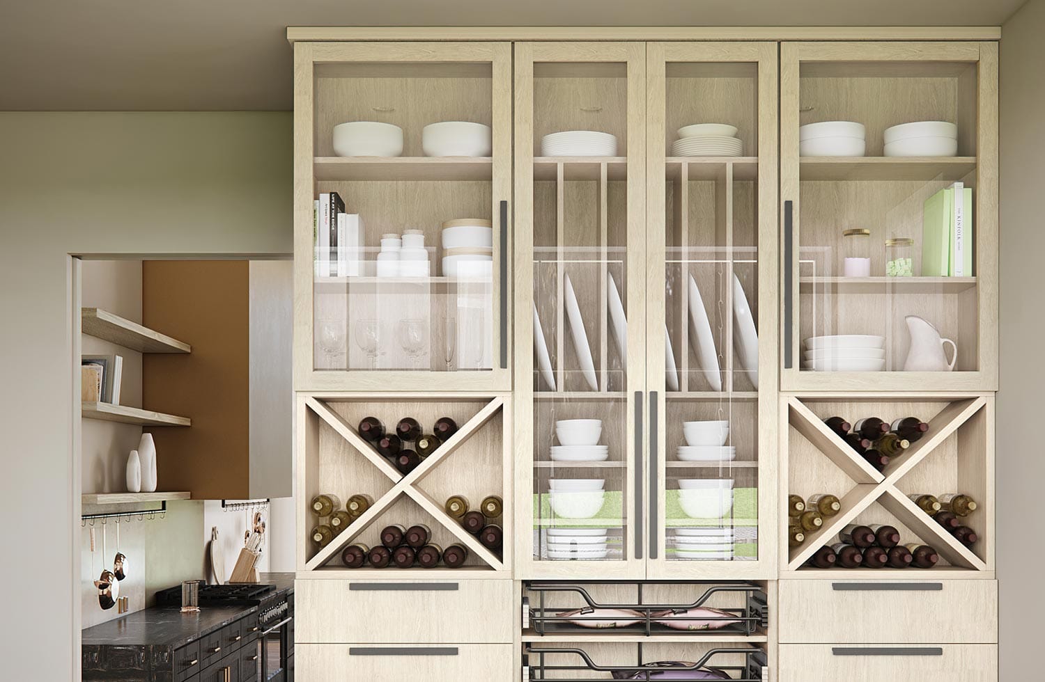 Pantry design in kitchen with dinnerware, flatware and wine storage in off white finish by California Closets