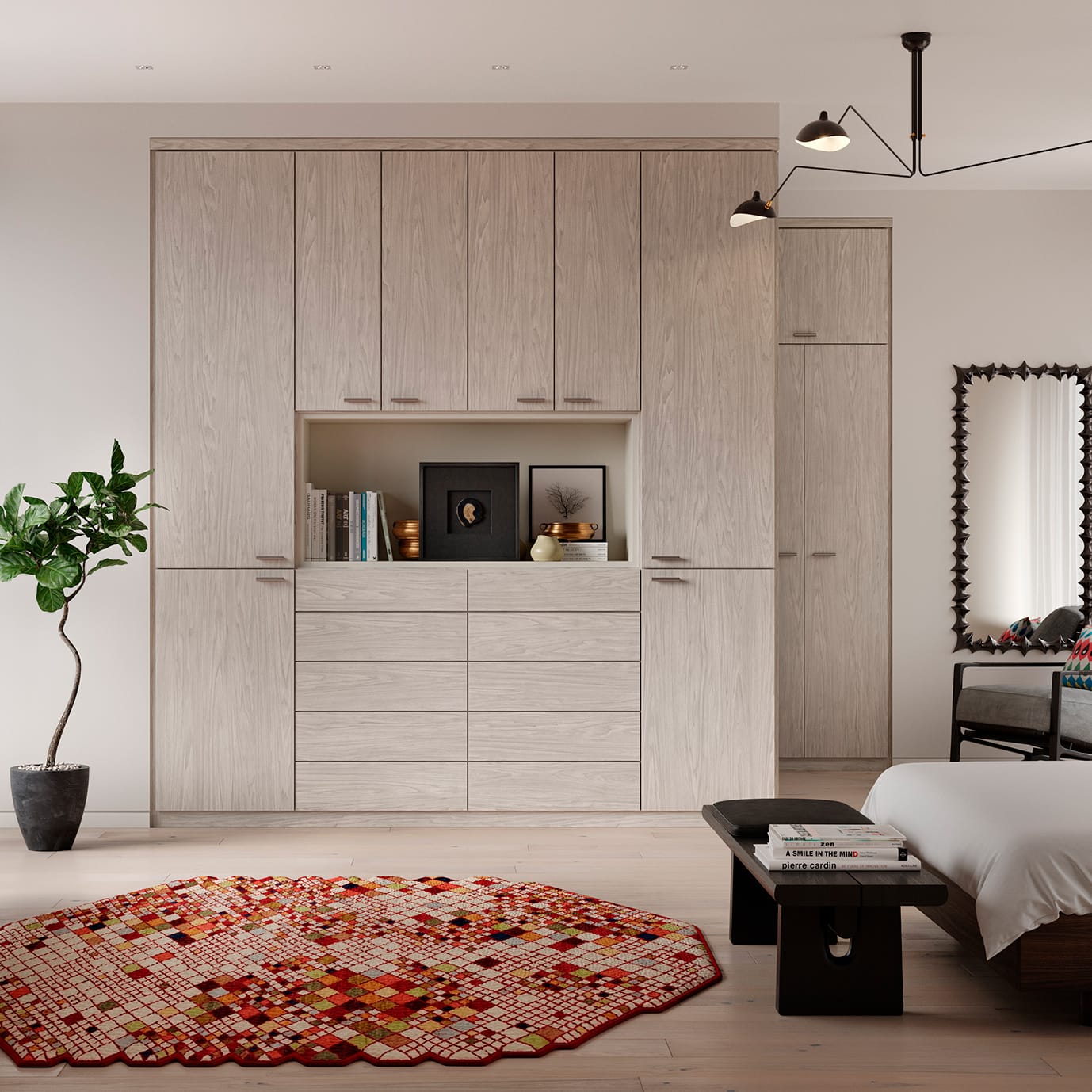 Custom bedroom wardrobe closet, built in cabinets, drawers, open shelf in light wood finish floor to ceiling storage by California Closets