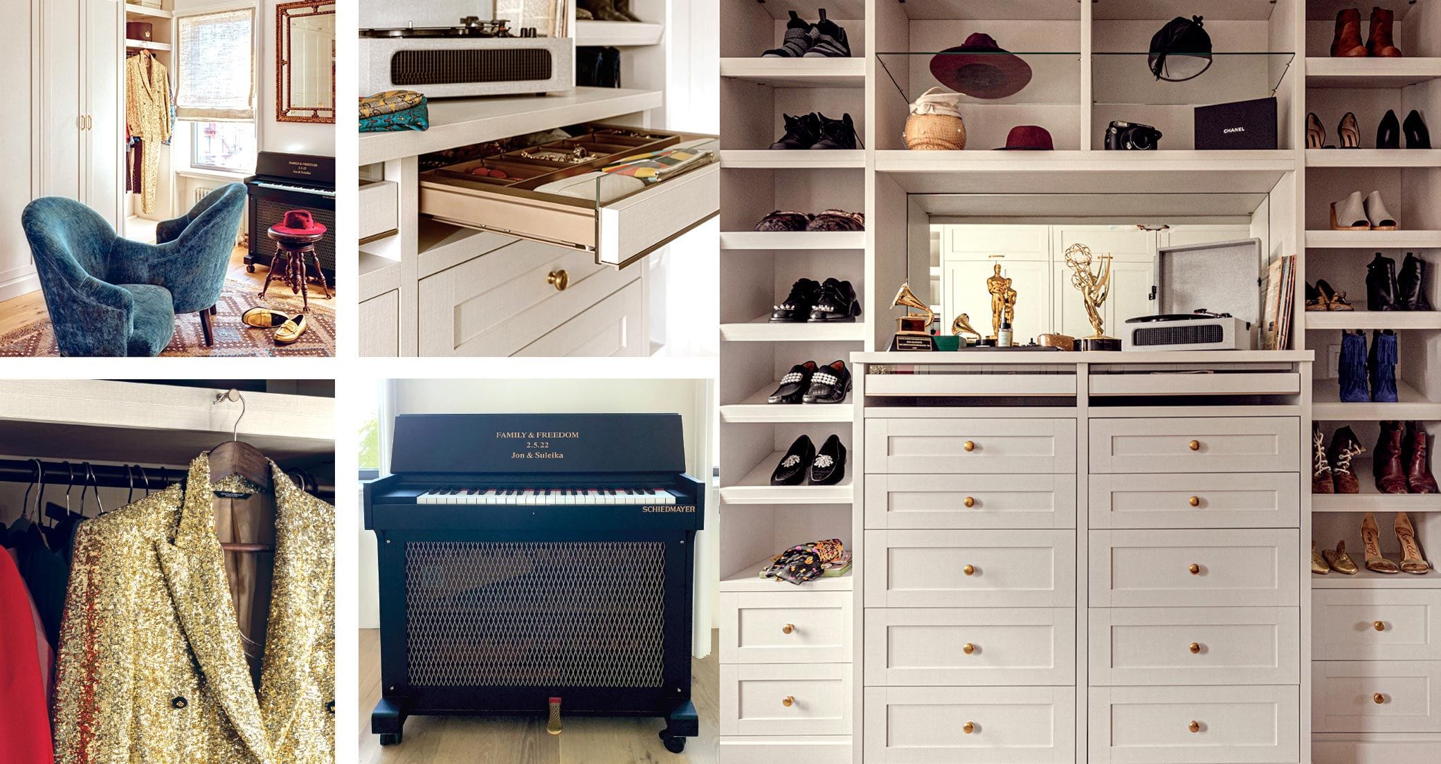 Closet for 2 creative individuals - composer, Jon Batiste and author wife, Suleika Jaouad's home in Brookly as seen in Ideas of Order Magazine